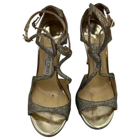 Jimmy Choo Lang Glitter Strappy Heeled Sandals Gold Silver Size 37 US 7 - Picture 2 of 10